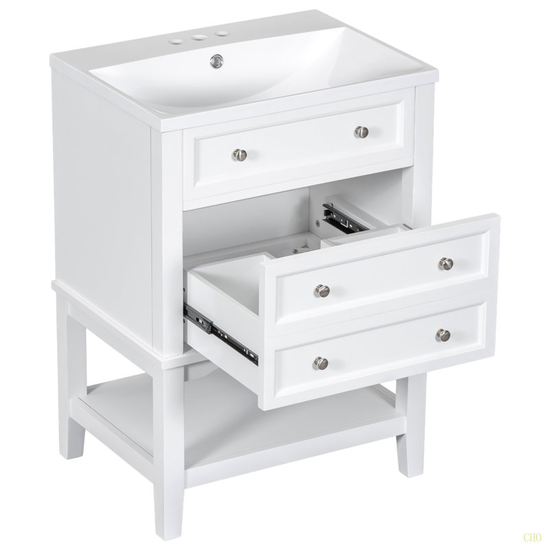 Meuble-lavabo 24 po avec lavabo, armoire de rangement avec tiroir et tablette ouverte, cadre en bois massif