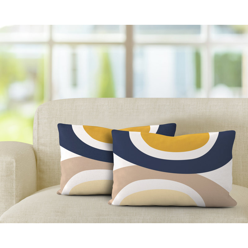 Housse et insert de coussin rectangulaire en polyester pour l'intérieur et l'extérieur, Jaune / bleu marine / beige