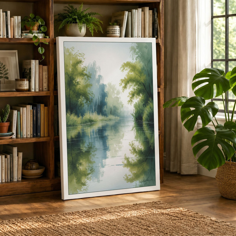 Quiet River Reflection Scandinavian 1 Piece Wrapped Canvas Wall Art, 36x24 - 91.4 x 61.0 cm, Terracotta Border