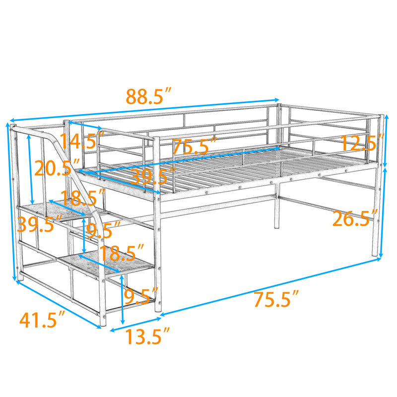 Lit mezzanine simple avec escalier de rangement intégré, Blanc