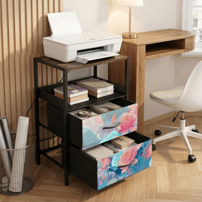 Table de chevet 2 tiroirs avec station de charge, table de chevet pour chambre à coucher avec ports USB, tablette ouverte noire, table de chevet avec étang de lotus serein aux couleurs pastel douces