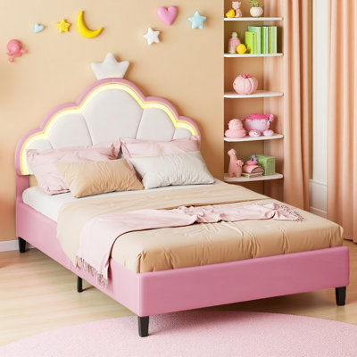 Velvet Crown Bed Frame with Pink Upholstery and Headboard