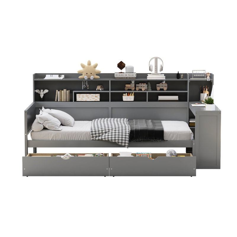 Twin Gray Wood Daybed With Side Storage Units, Two Drawers And A Study Desk For Productive Bedroom Living Wooden Multi - Storage Design, Functional Productivity Boost