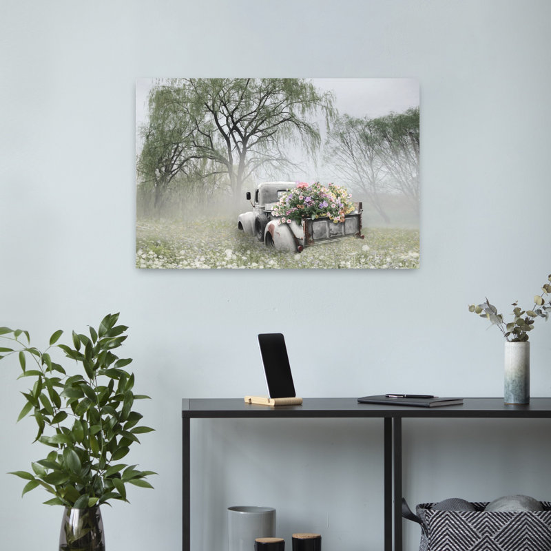 Art rétro contemporain de paysage de camion de fleurs rétro, H 16 po x l 24 po