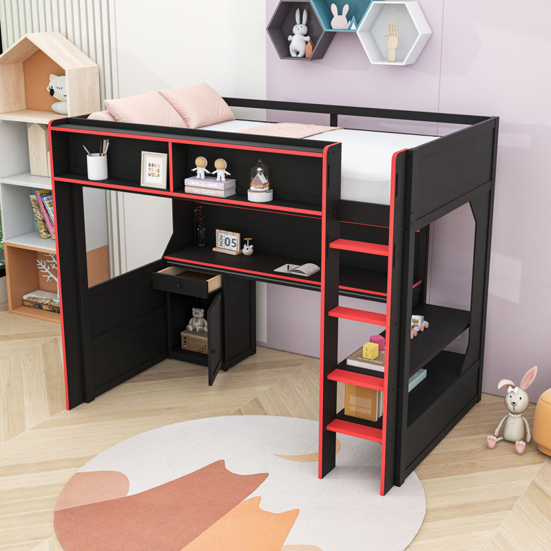 Lit mezzanine avec tablette et tablettes Gaming, Twin, Black/Red