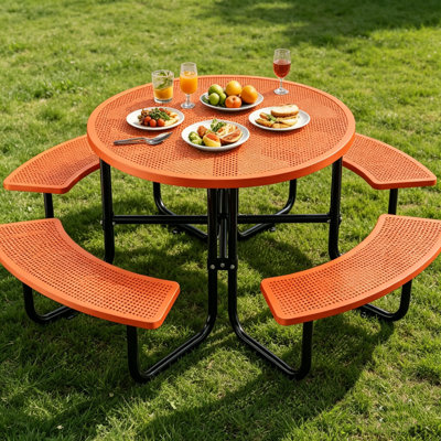 Table de pique-nique ronde moderne, fabrication en métal robuste pour la terrasse, le jardin et les rassemblements extérieurs