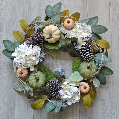 Fall Wreath,  20" Pumkin/Hydrangea/Pinecone