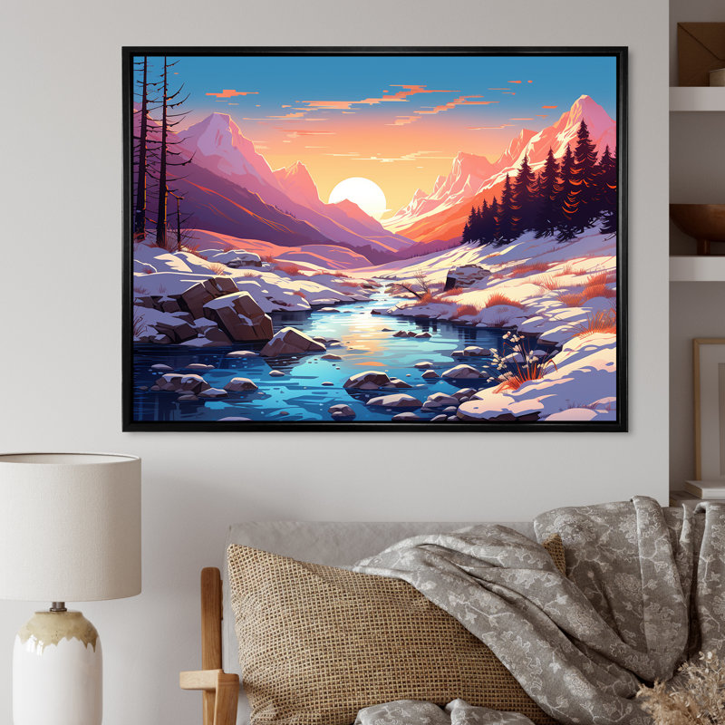 «Winter Mountain Pond Sunset Serenity - Winter Mountains», art mural, Cadre flottant noir, H 12 po x l 20 po x P 1 po