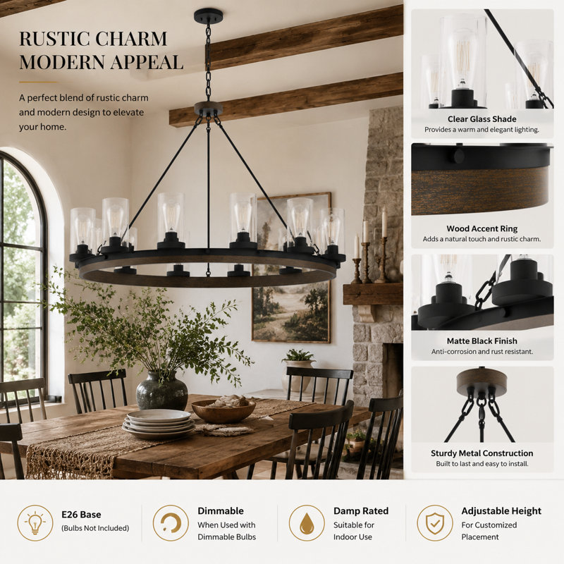 Philadelphia 12 - Light Dimmable Wagon Wheel Foyer Chandelier with Hand Blown Glass Accents, Weathered Walnut