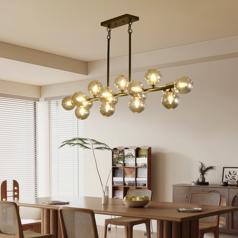Lustre spoutnik linéaire noir 55 pouces avec 16 globes gris, luminaire suspendu réglable de style Mid-Century pour salle à manger et îlot de cuisine