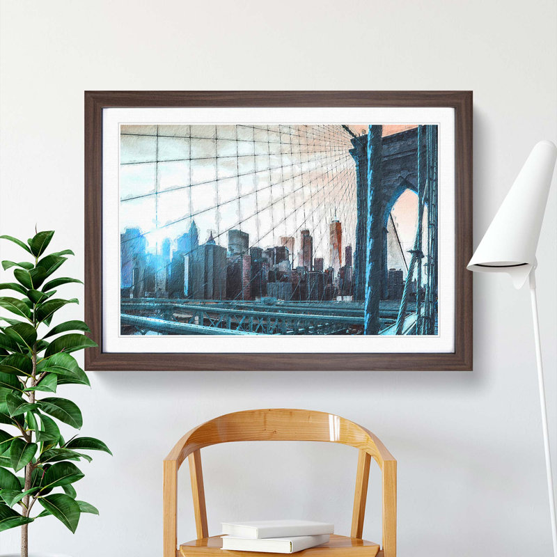 Brooklyn Bridge and New York Skyline - Picture Frame Painting Print, Walnut Framed, 36cm H x 48cm W x 2cm D