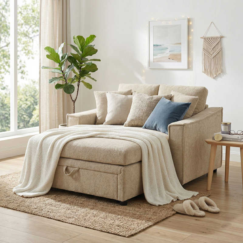 Canapé-lit de 53,5 po en velours avec rangement caché et coussins décoratifs, Browm