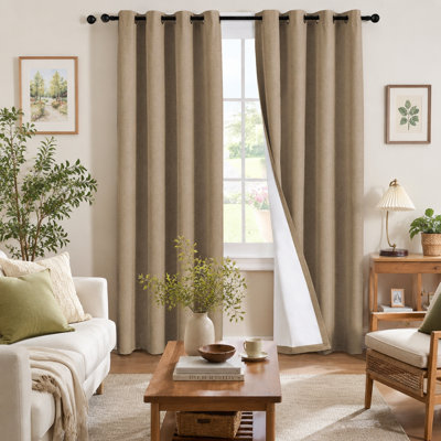 Natural Linen Blend 100% Blackout Curtains — 84-Inch Length, Macchiato Color — Set Of 2 Panels With Nickel-Finish Metal Grommets — Suitable For Bedroom & Living Room