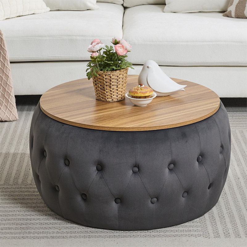 Round Drum Coffee Table with Storage and Removable Tray, Gray, 17" H x 31" L x 31" W