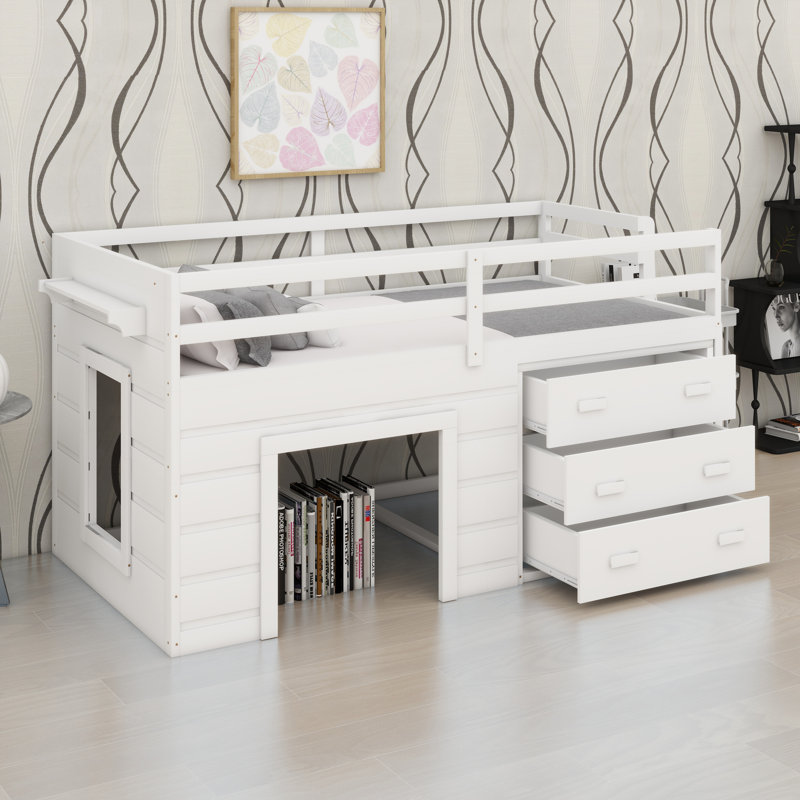 Lit mezzanine avec armoire intégrée et tablettes, Blanc