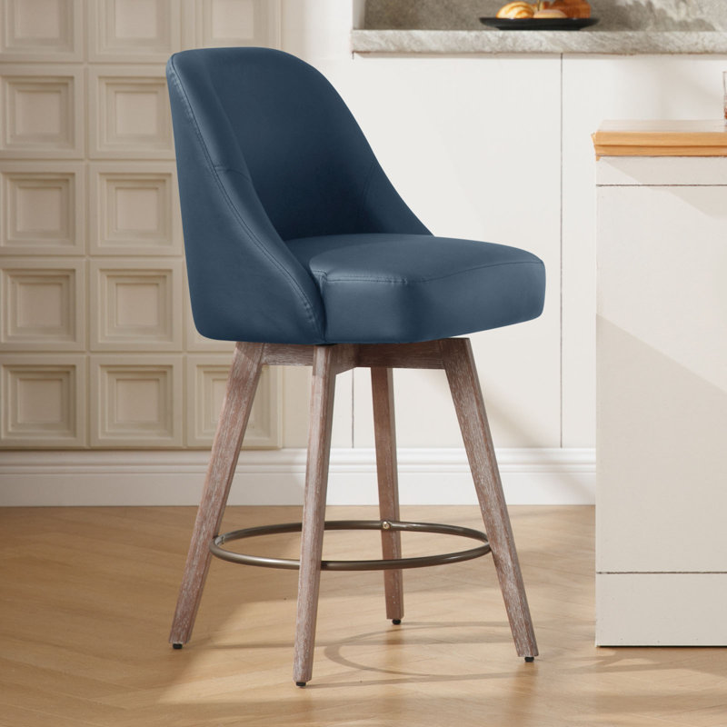 Klayden Swivel 26'' Upholstered Counter Stool with Solid Wood Frame, Blue
