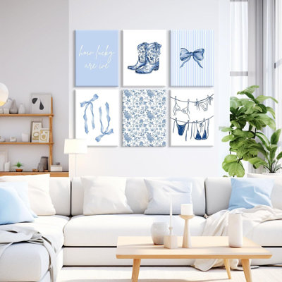 Blue Coastal Wall Art Cowgirl Western Canvas Poster Girls Room Dorm Wall Decor Preppy Aesthetic Pictures Beach Coastal Granddaughter Prints Tendy Boots Bow Painting For Bedroom 8X10 Inch Ready To Hang