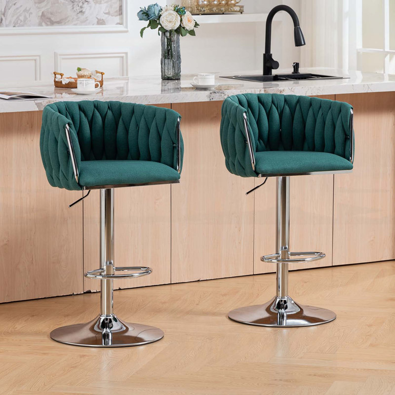 Ensemble de tabourets de bar pivotants à 360° en tissu, hauteur réglable avec dossier et repose-pieds tissés, parfaits pour un îlot de cuisine, un café ou un pub.