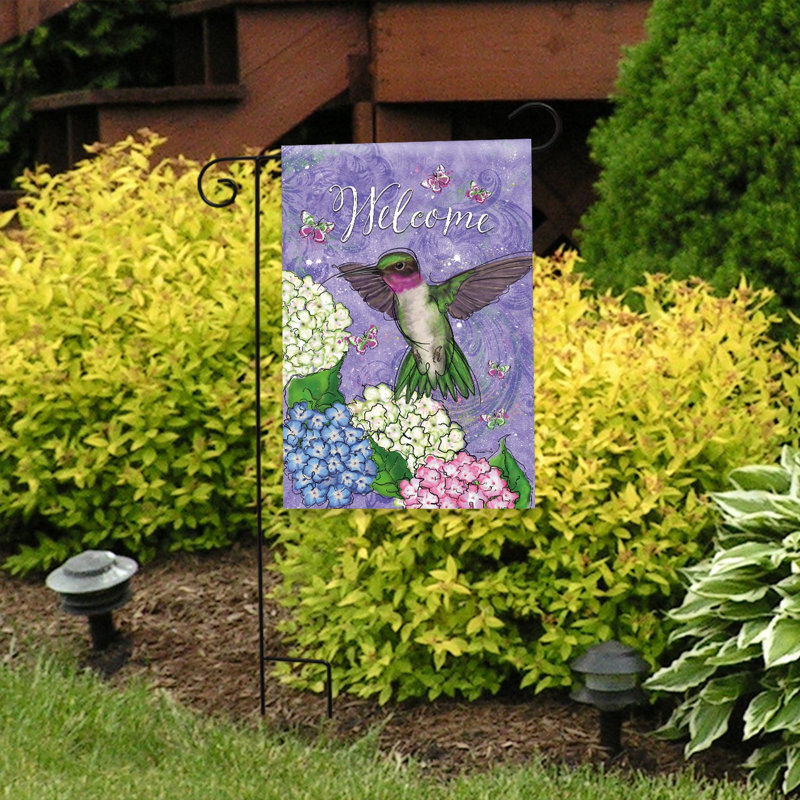 Drapeau de jardin colibri et hortensia, Oiseaux violets/verts/blancs