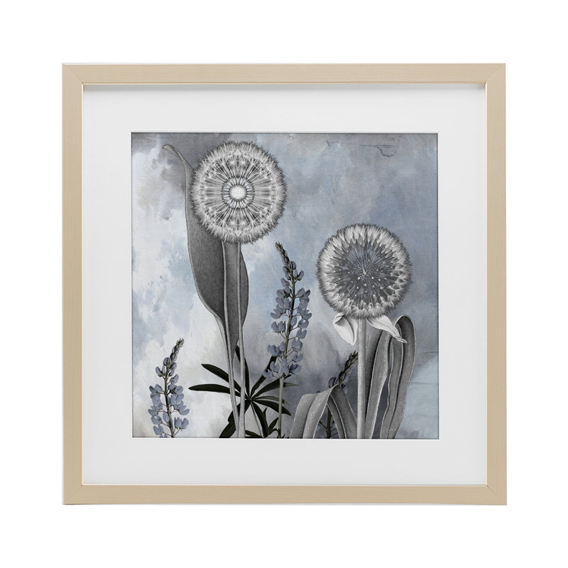 Reproduction encadrée de verre pissenlit gris ton ciel, par Sophie 6, Cadre de récolte en pin, H 13 po x l 13 po