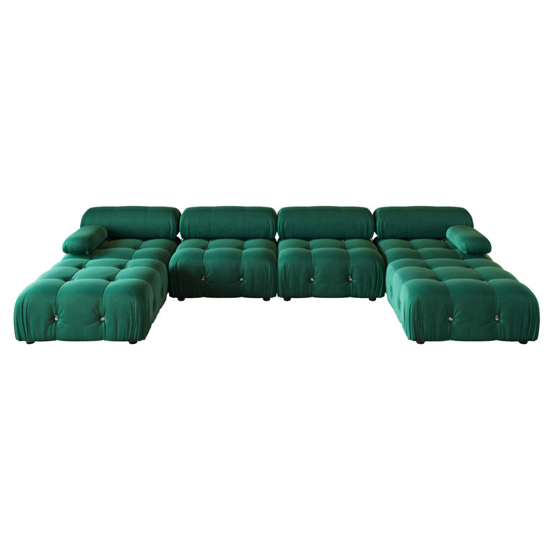 Cylar 138.6'' Wide Velvet Reversible Modular Sofa & Chaise with Ottoman, Green Velvet
