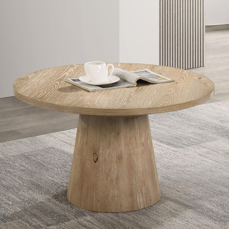 Table basse ronde de style contemporain avec structure en bois d'hévéa et piédestal en forme de cône, finition chêne, Chêne