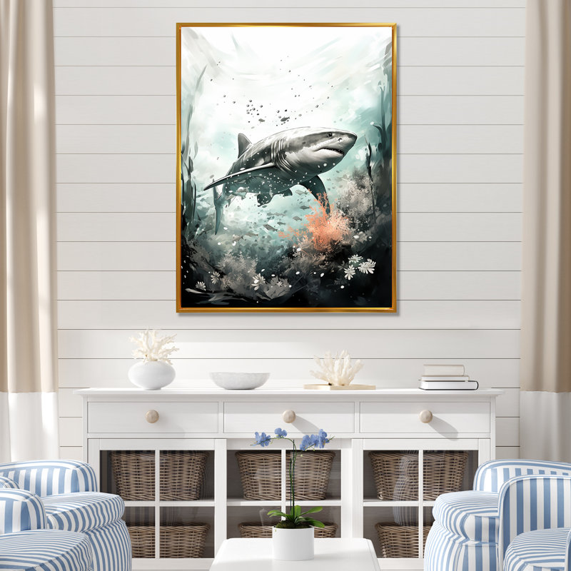 Requin tueur silencieux sur toile, Cadre flottant doré, H 32 po x l 16 po x P 1 po