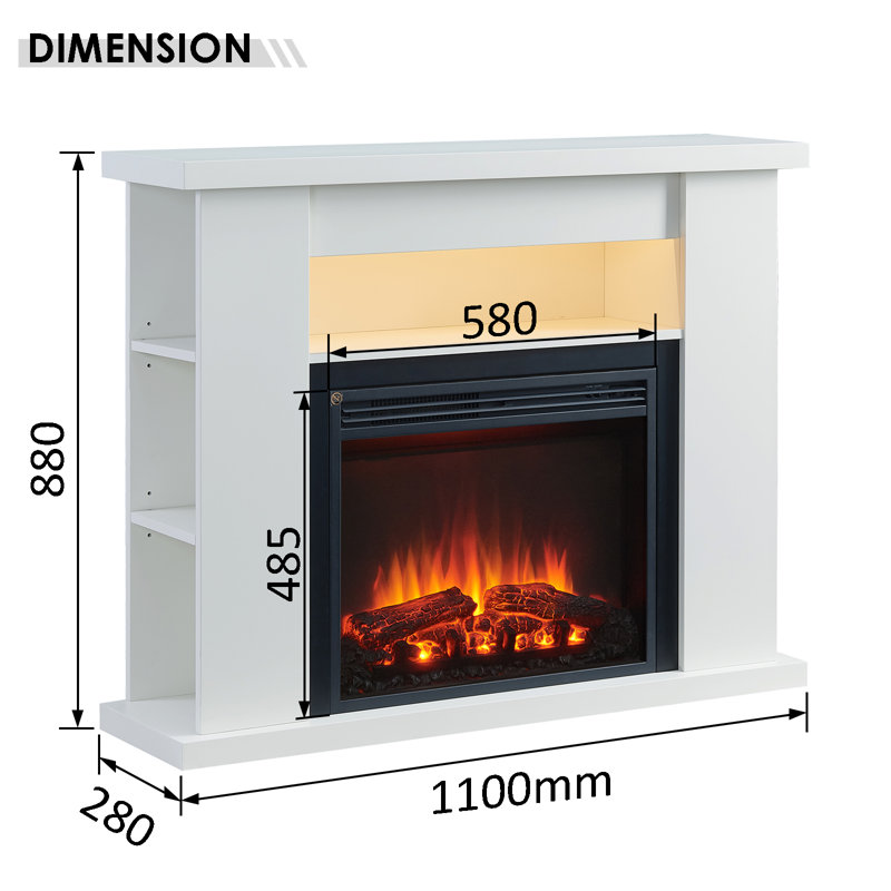 LIPSON FLAMME Electric Fireplace, 88cm H x 110cm W x 28cm D, White