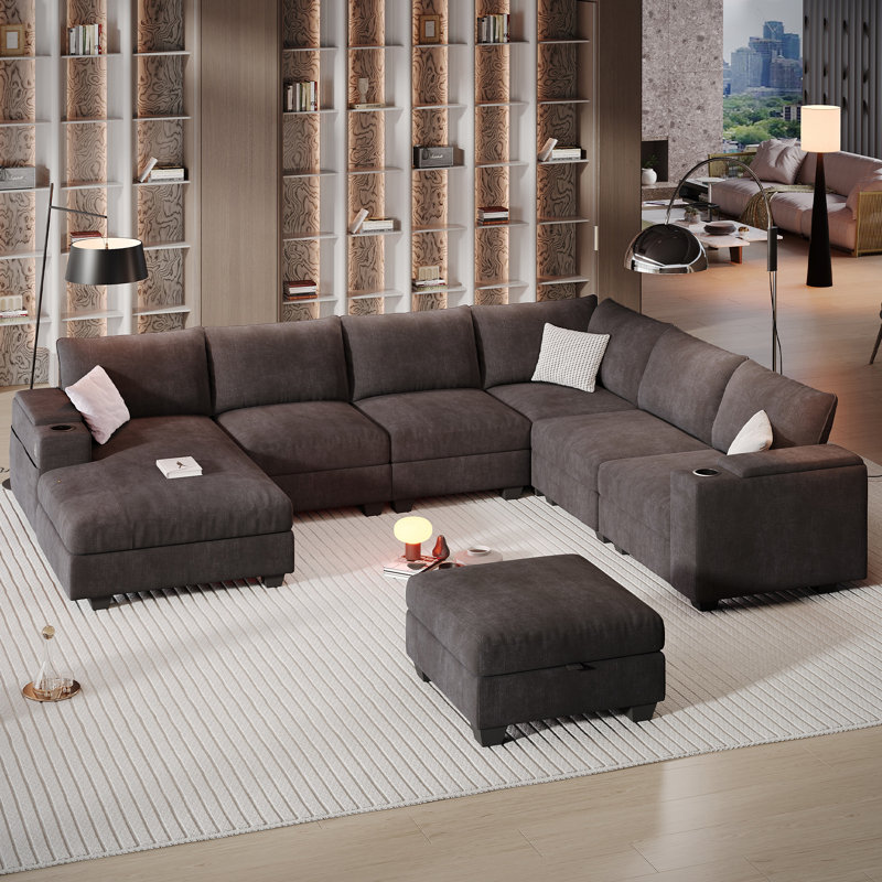 Canapé modulaire surdimensionné de 121 po avec repose-pieds avec rangement et repose-pieds en U avec méridienne pour salon