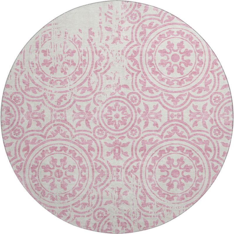 Premium Machine Washable Prisco Pink Rug, Round 8'