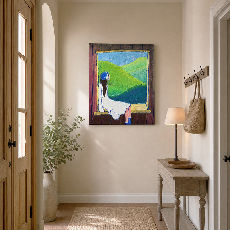 Femme contemplant des collines verdoyantes, tableau sur toile, H 20 po x l 16 po, Toile tendue avec châssis