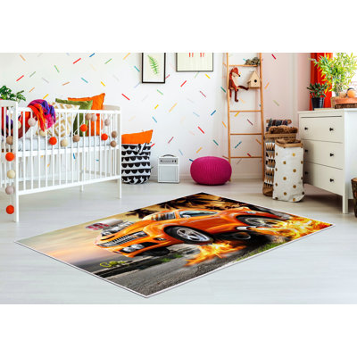Tapis rectangulaire orange / noir en polyamide tissé à la machine Begonia