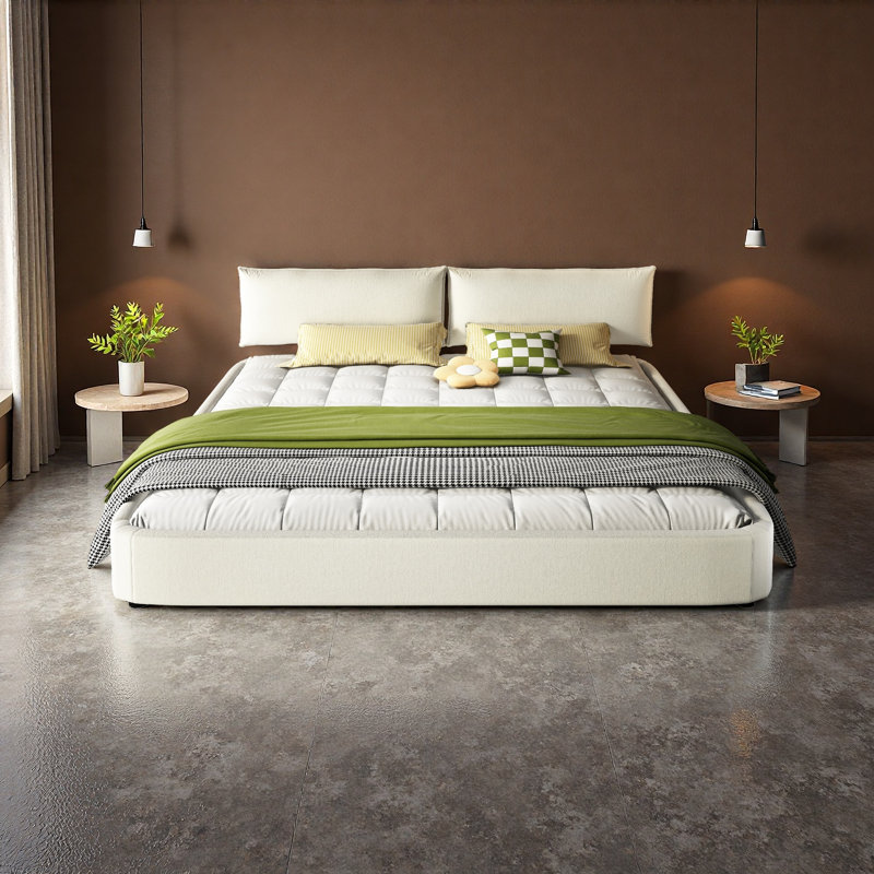 Très grande base de lit Cloud avec tête de lit surdimensionnée rembourrée, lit plateforme tapissier en chenille avec coins ronds, support en lattes de métal et de bois, pas de sommier tapissier nécessaire