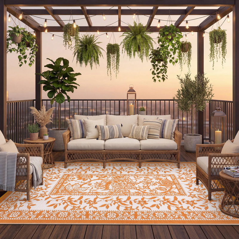 Area Rugs Reversible Traditional Outdoor Rug Waterproof Outdoor Furniture for Backyard, Deck, Camping, Balcony, Beach, Orange