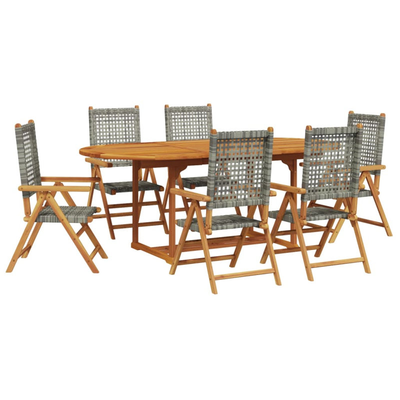7 Piece Garden Dining Set Poly Rattan And Solid Wood, Grey
