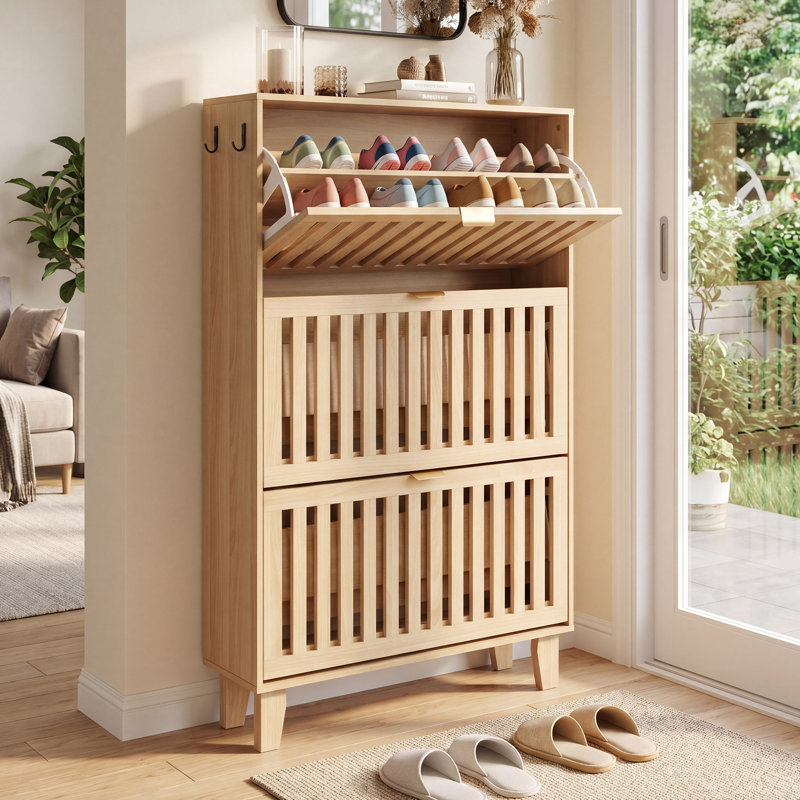 Rangement pour chaussures, 3 tiroirs rabattables et 3 tablettes réglables à 3 niveaux, rangement pour chaussures autoportant et étagère à chaussures dissimulée pour vestibule, couloir, foyer, naturel