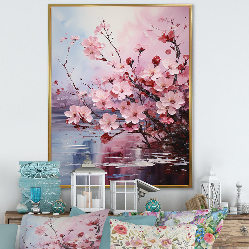 «Cherry Blossom Flower Meadow II», reproduction sur toile, Cadre flottant doré, H 40 po x l 30 po x P 1,5 po