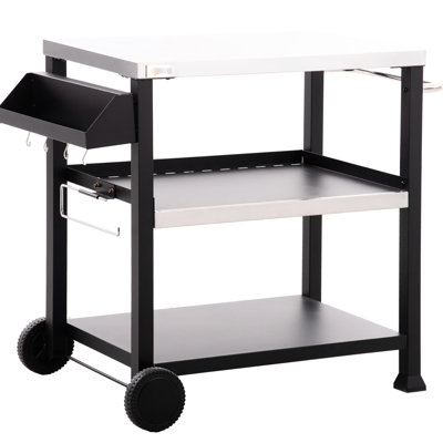 Table de préparation alimentaire portable pour l'extérieur, plateau en acier inoxydable, 81 cm x 52 cm, avec porte-sac poubelle, support de barbecue noir, plateau de table, 100,5 cm L x 65 cm l, étagères de rangement.