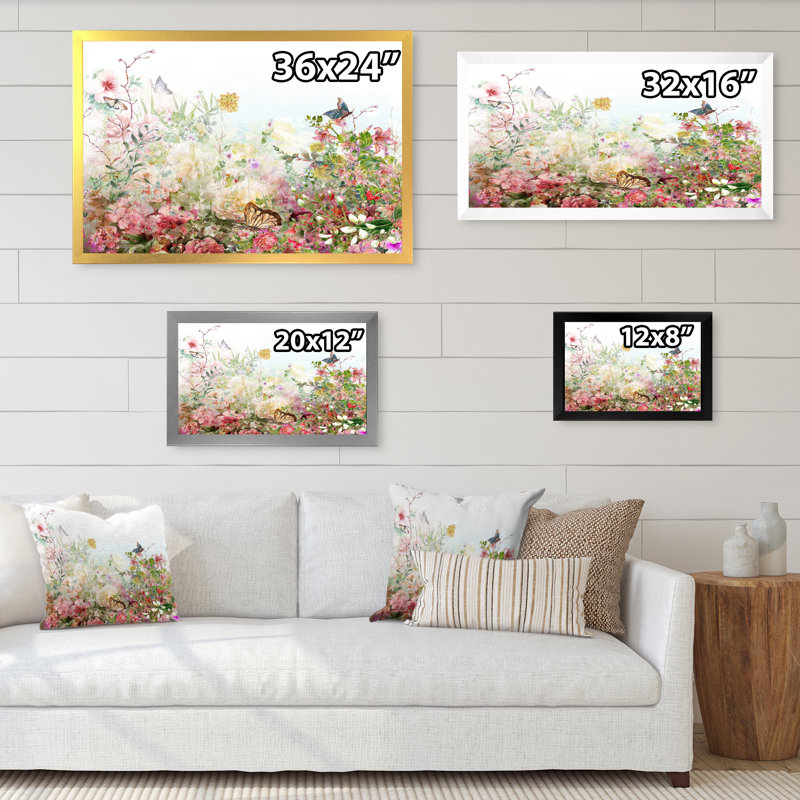 Art floral sur toile, impression de fleurs rose et vert jardin, H 8 po x l 12 po x P 1 po, Cadre doré