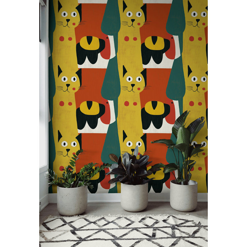 Papier peint rétro Cat | Décoration Mid-Century moderne félin | Rouleau pelez et collez