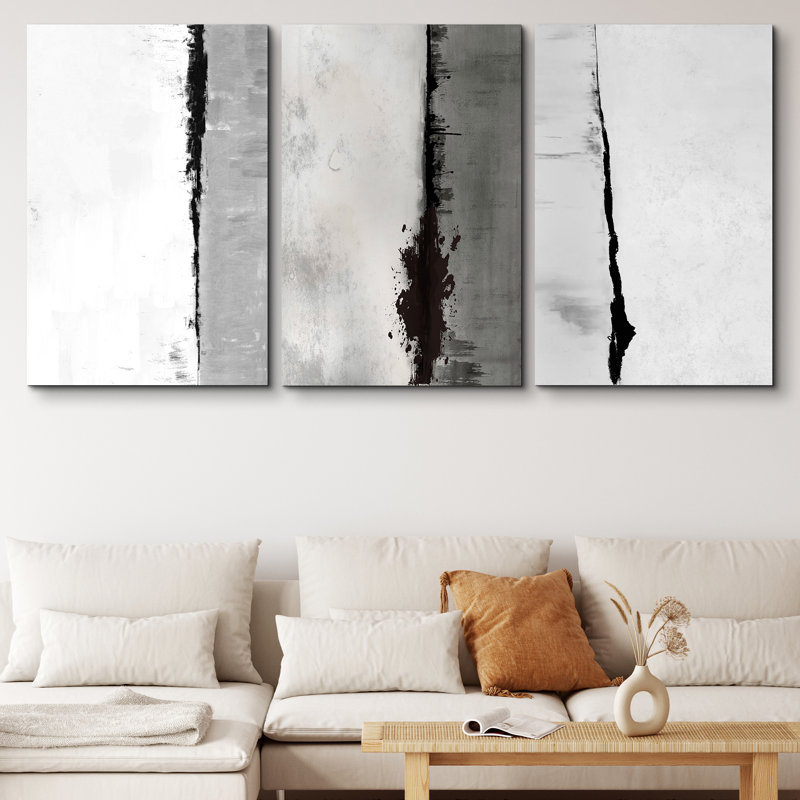 "Minimal Landscape Pastel" noir et blanc, gris, images neutres, impression sur toile, 3 pièces, H 24 po x l 48 po x P 1,5 po