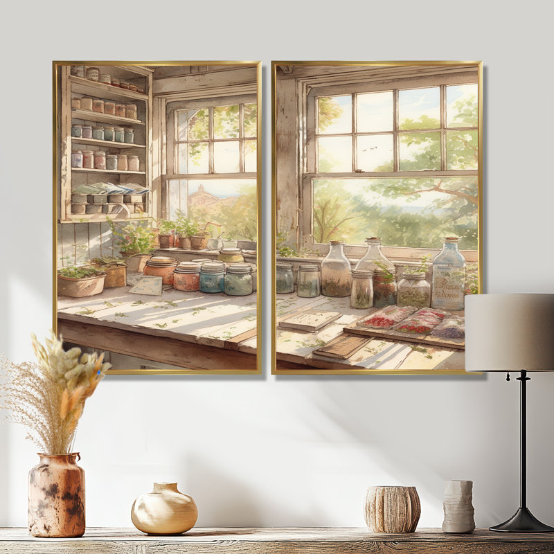«Old Farmhouse Kitchen» - art mural traditionnel beige 2 panneaux, H 36 po x l 48 po, Impression encadrée flottante, Doré