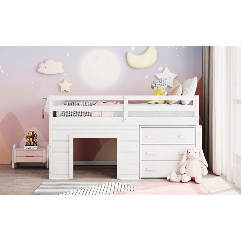 Lit mezzanine simple avec armoire et tablette, Blanc
