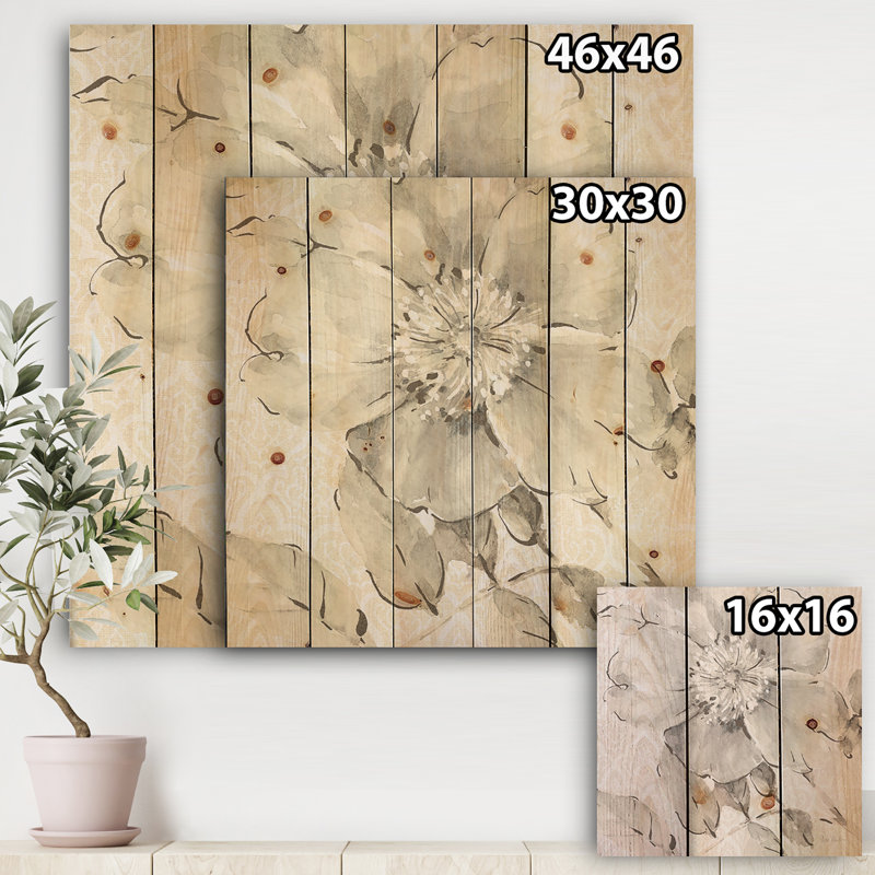 Indigold gris pivoines II - impression de ferme sur bois de pin naturel, H 16 po x l 16 po x P 1 po