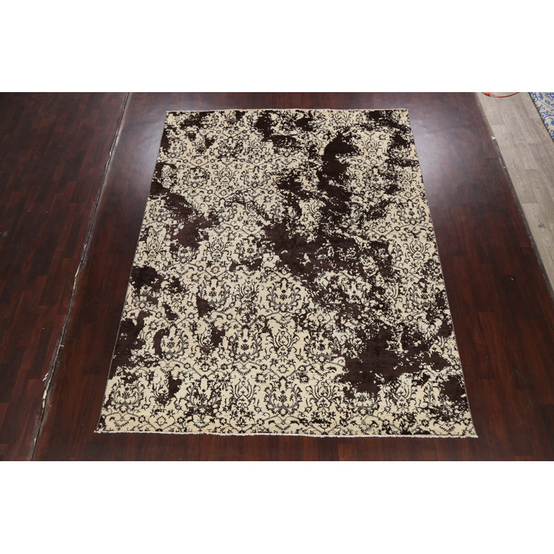 Tapis oriental abstrait à motif de teinture végétale noué à la main 8 x 10
