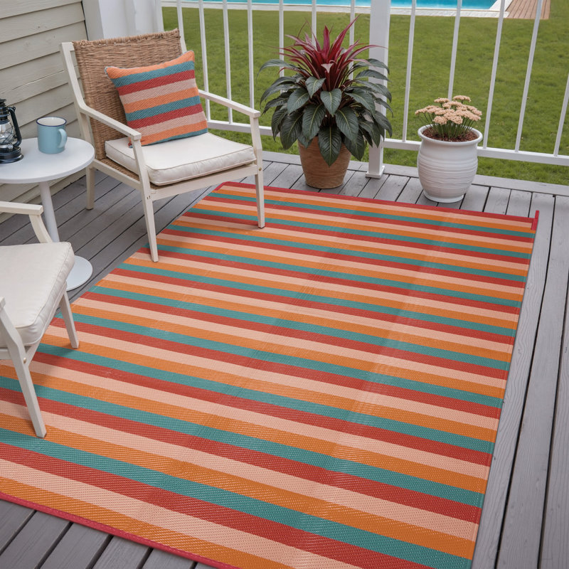 Striped Orange/Red Outdoor Area Rug, Rectangle 5' x 8', Orange/Red