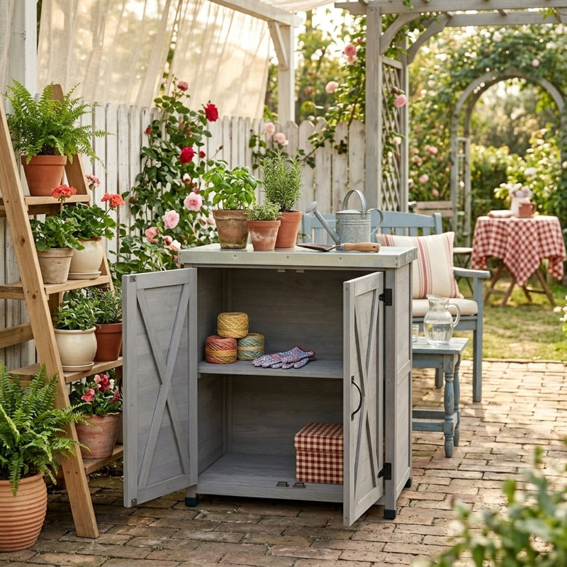 Armoire de rangement pour l'extérieur en bois avec plateau en métal, poste de travail de jardin résistant aux intempéries avec tablette et porte magnétique