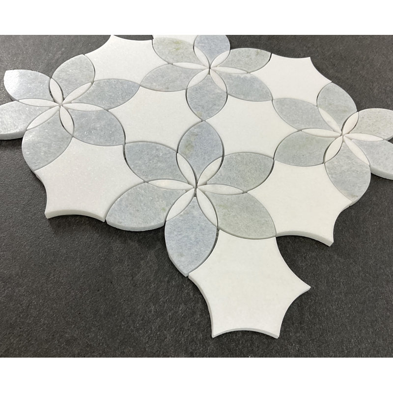 Water Jet - Marble Daisy Flower Pattern Mosaic Wall & Floor Tile, White/Blue