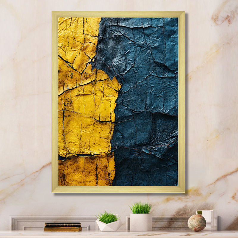 Collage azur harmonique - Collages abstraits, art mural, Cadre doré simple, H 32 po x l 24 po x P 1 po