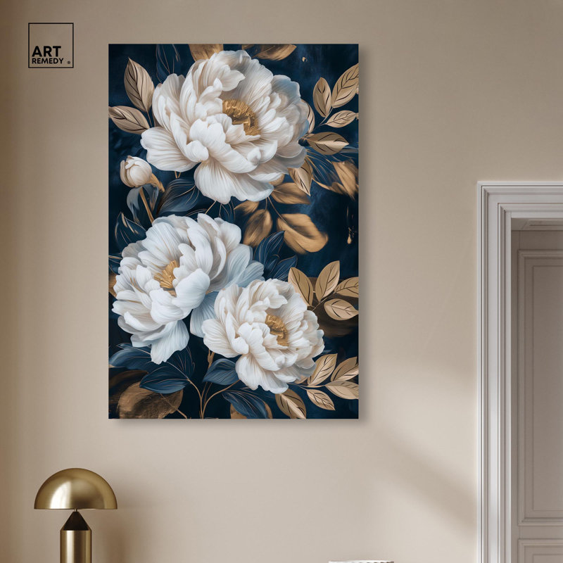"White Flowers and Golden Leaves", impression murale sur toile par Art Remedy, H 45 po x l 30 po, Gallery Wrapped